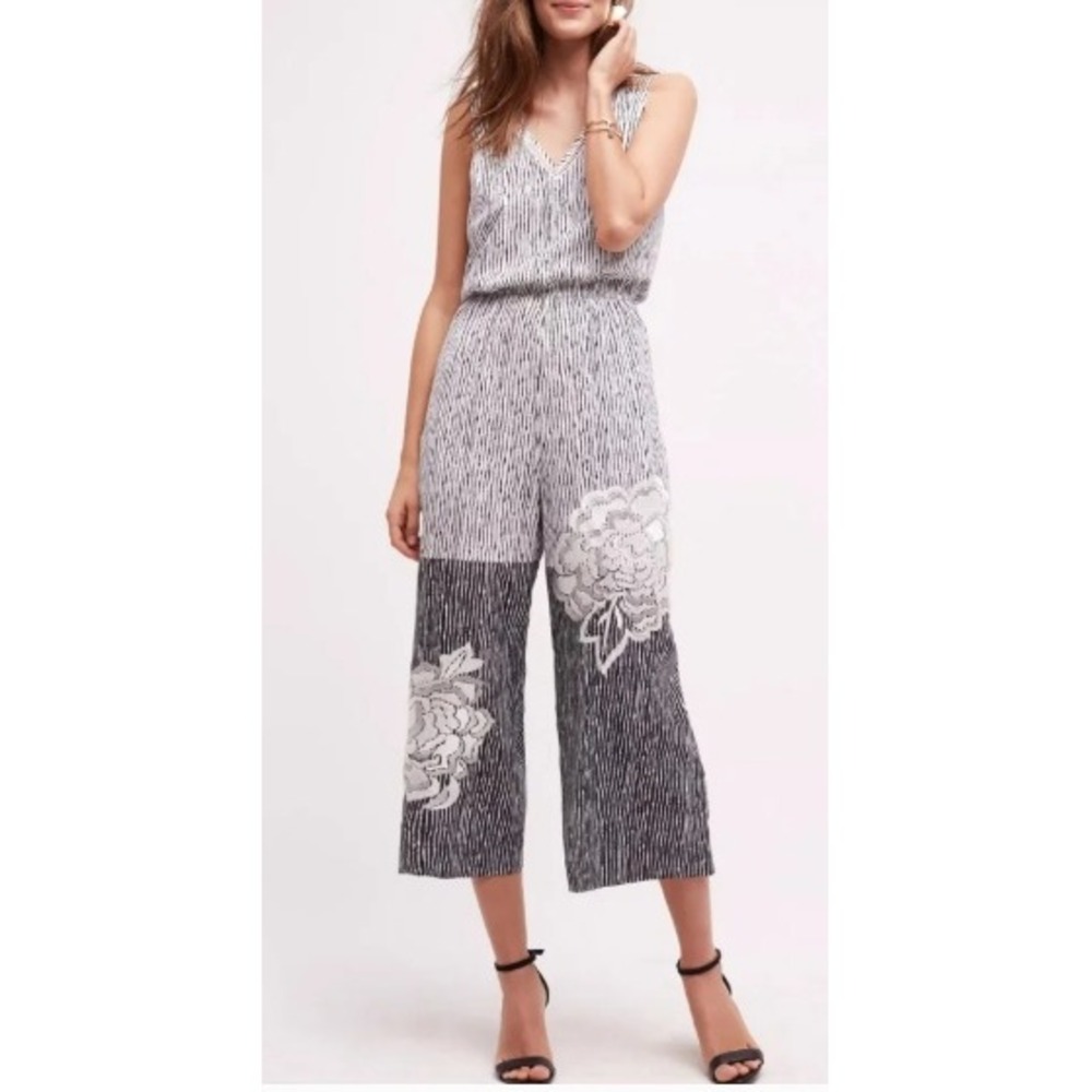 Anthropologie Ranna Gill Lace Applique Lotus Jumpsuit Black White Culottes XS P